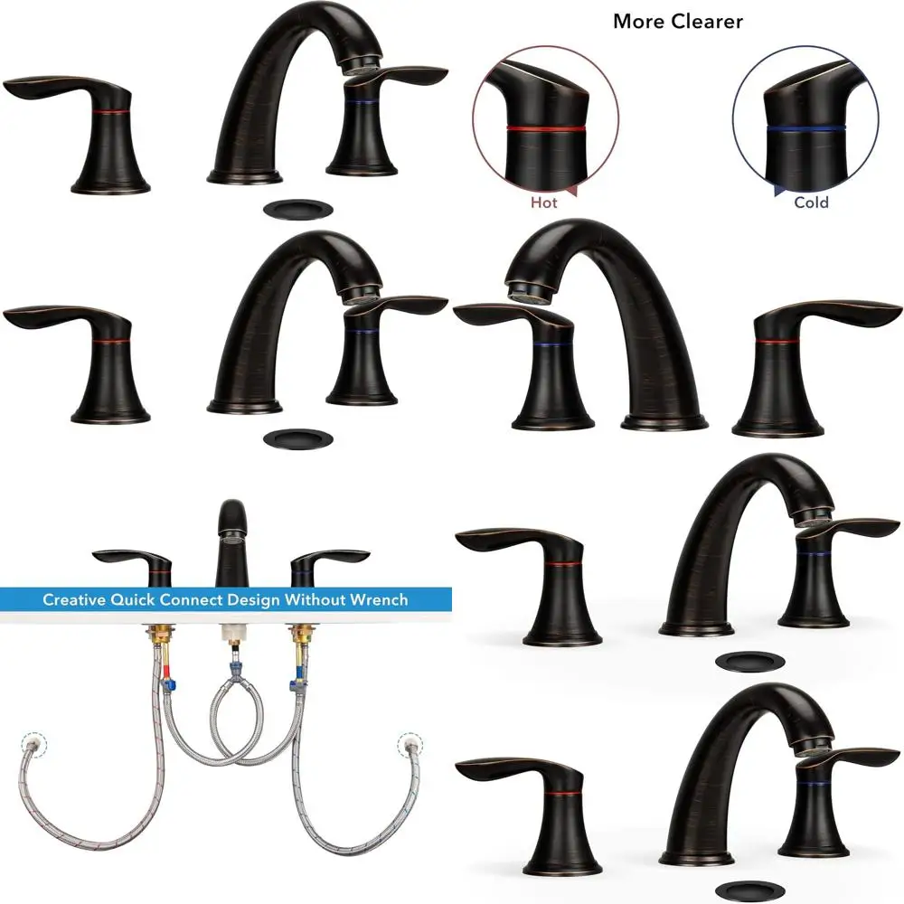 صنبور حوض الحمام ذو 3 فتحات من البرونز المطلي بالزيت على نطاق واسع مع تصريف منبثق من الفولاذ المقاوم للصدأ وخرطوم خالي من الرصاص (عبوة من قطعتين) #1