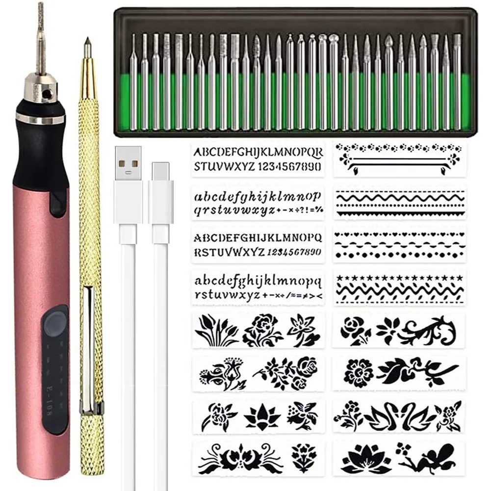 Wiederauf ladbare kabellose Mini-Graveur Stift DIY Gravur Tool Kit für Metall Glas Keramik Kunststoff Holz Schmuck Schablonen a