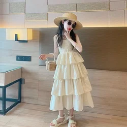 Girl Dress 2023 New Spring Summer Korean Fashion Style Slip Dress Girls Tiered Skirt Sleeveless Princess Dress Casual Dresses