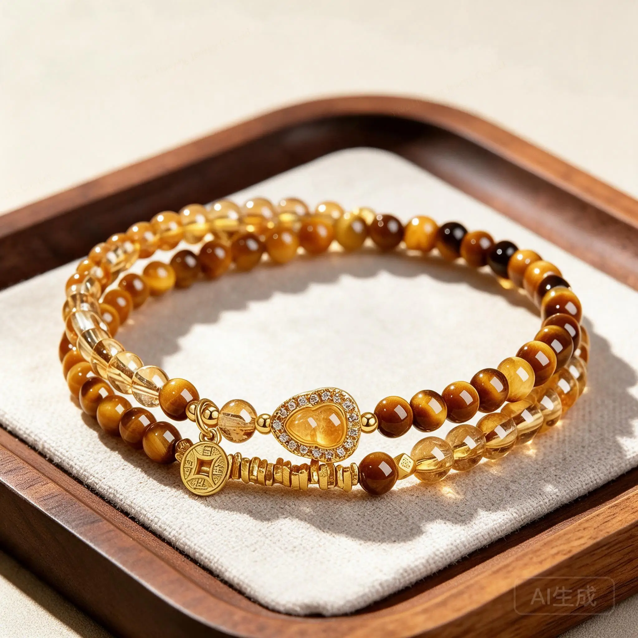 Chinese Style Natural Tiger Eye Citrine Two Layer Handstring Bracelet Lucky Wealth Attraction Good Fortune Gourd Gift For Women