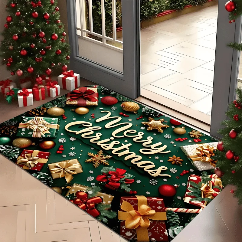 1pc 2D Flat Christmas Gift Box & Bell Doormat, Machine Washable & Soft, Indoor & Outdoor Welcome Mat, for Home, Living Room