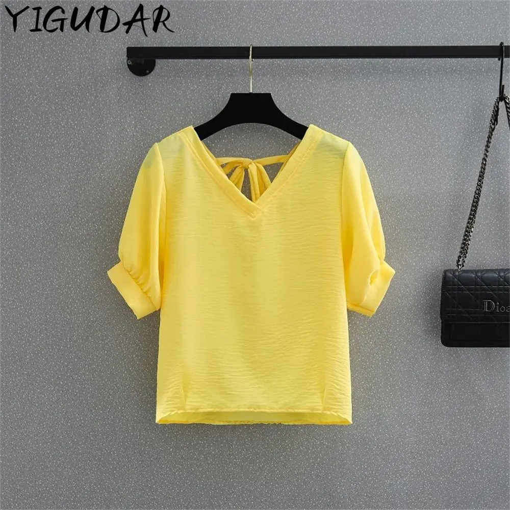 V-Neck Chiffon Shirt Female Short Sleeve Blouse Shirts womens tops and blouses Top New Summer Women Blouse Loose womens clothing