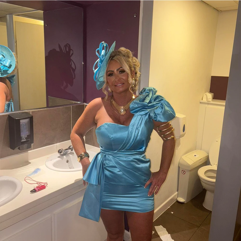 

Современное небесно-голубое атласное коктейльное платье на одно плечо, коктейльное платье без рукавов со шнуровкой сзади, вечернее платье