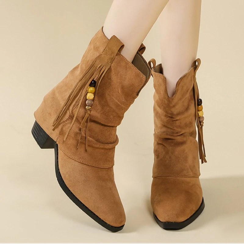 

Женские ботильоны из бисера, новые замшевые туфли на высоком каблуке, элегантные туфли на массивном каблуке, трендовые зимние женские зимние ботинки 2025 года, модные Mujer Botas