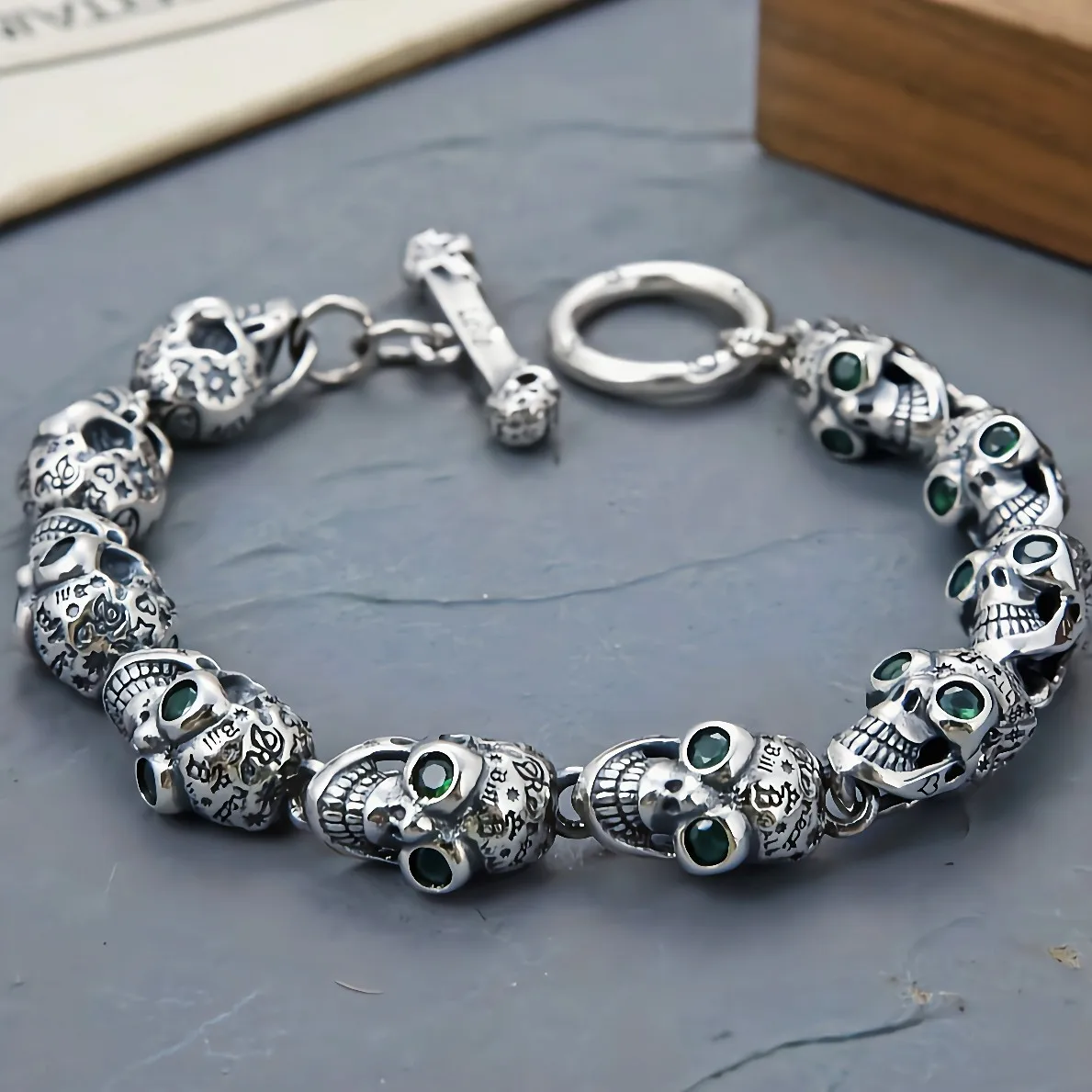 

Hip hop style sterling silver graffiti diamond stylish skull bracelet european and american domineering fashion men's jewelry