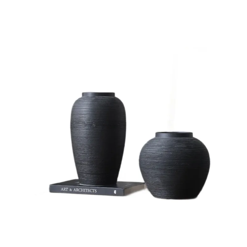

Lines black vase ornament retro ceramic flower ware premium sense wabi sabi dried flower decoration