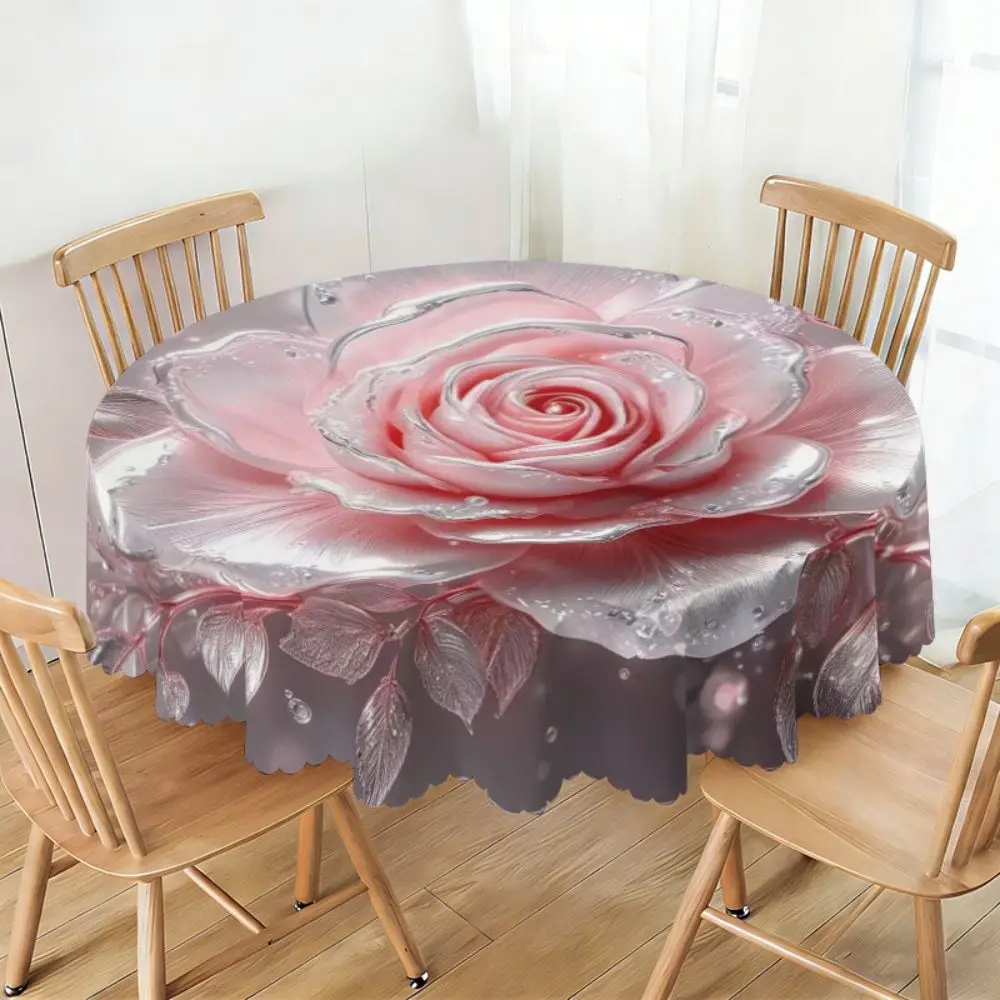 New Pink Rose Round Tablecloth Lace Edge 3D Rose Rose Table Cover Flower Print Elegant Style Floral Tablecloth Table Overlay