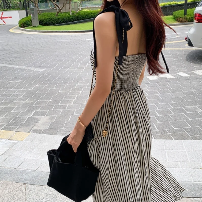 REALEFT Vintage Striped Strapless Women's Long Dresses Pockets 2025 New High Waist Casual Loose Bow A-line Tank Dress for Womens