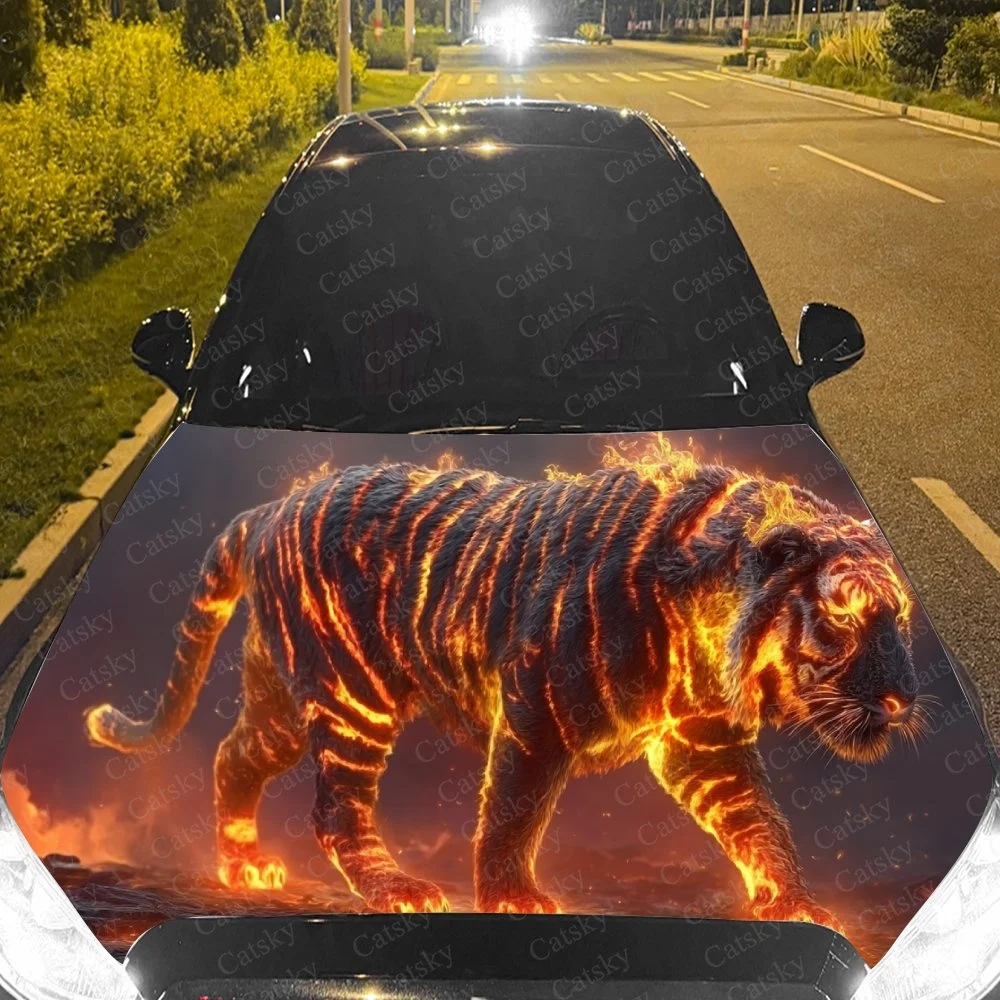 Fiery tiger design on car hood, glowing stripes and intense flames for bold, eye-catching vehicle styling.Car hood sticker
