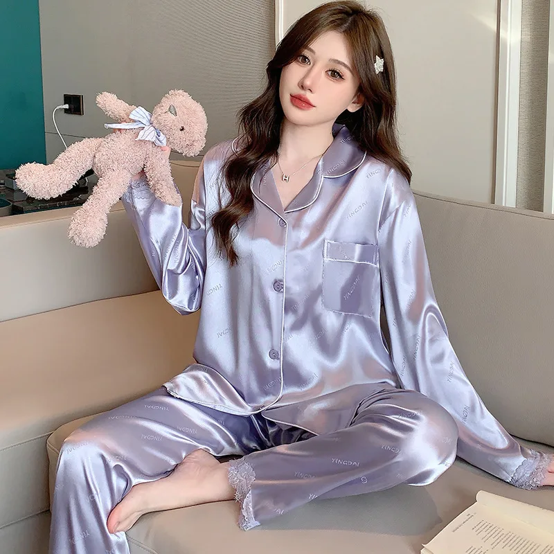 Romantic purple ice silk women's summer and spring high-end lettered lace long-sleeved cardigan home set for wholesale