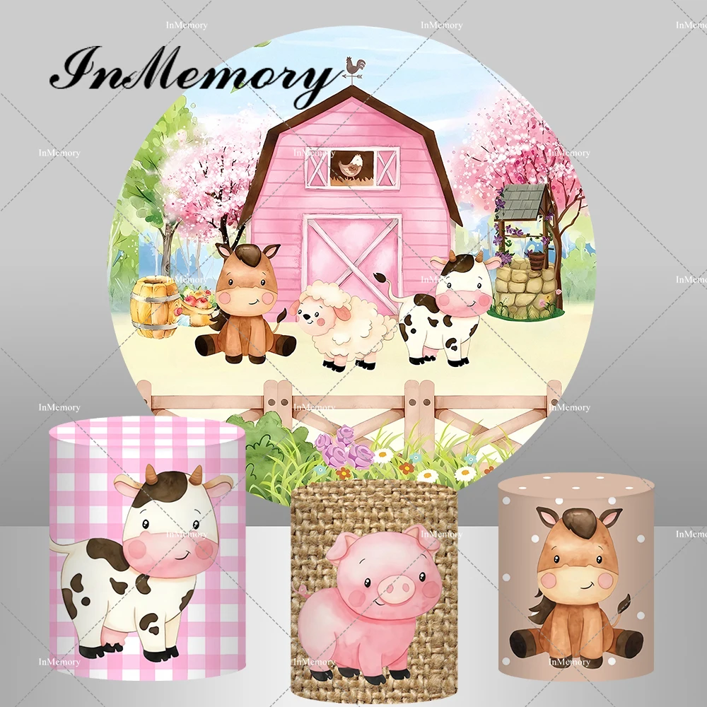 Cartoon Animals Pink Barn House Farm Theme Round Backdrop Cover Girls Baby Shower 1st Birthday Party Backgrounds Supplier