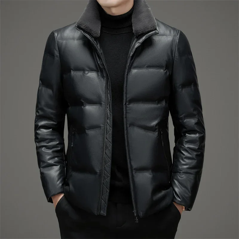 Leather Winter Down Jacket Short Detachable Lamb Fur Collar White Duck Thickened Stand for man