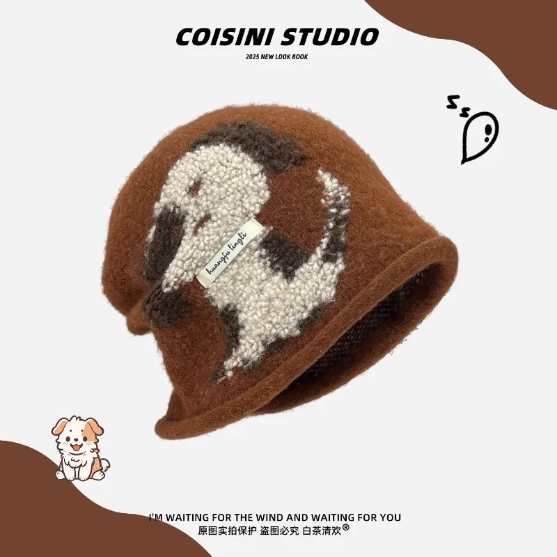 لطيف الكرتون جرو الجاكار محبوك كومة القبعات النساء الشتاء السفر الدافئة حماية الأذن تنوعا تظهر الوجه بيني الأدبية الصغيرة