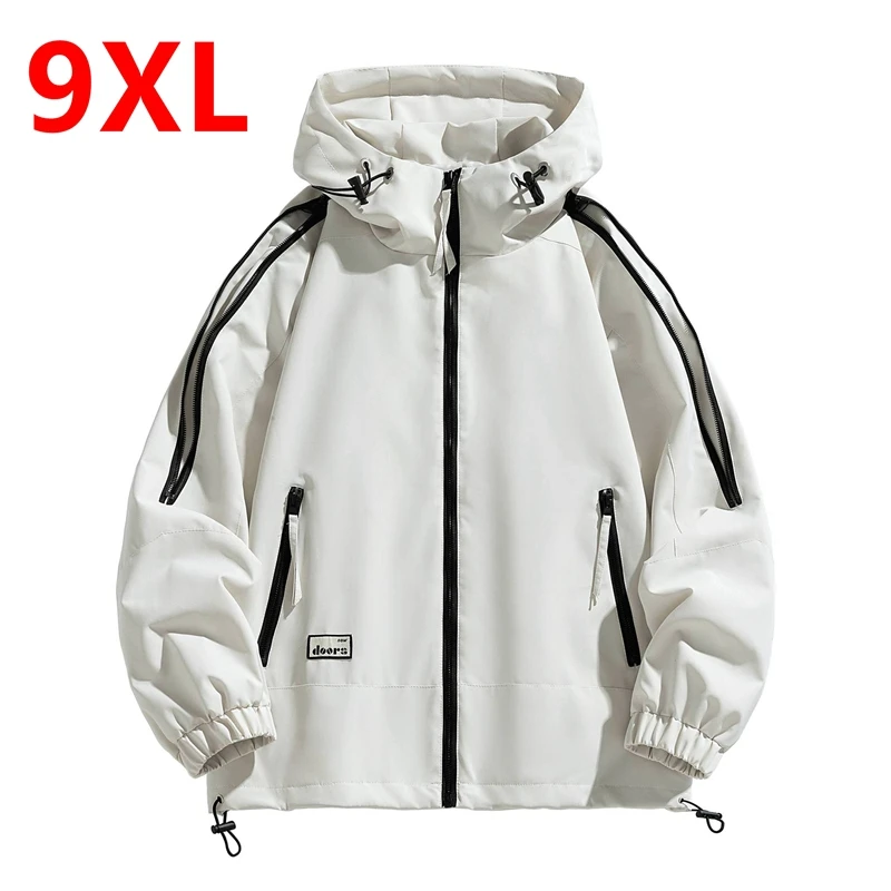 9XL Spring Autumn Trendy Plus Size Jacket Loose New Fashion Men's Hooded slimming Pocket 140kg Waterproof Jacket jackets for men