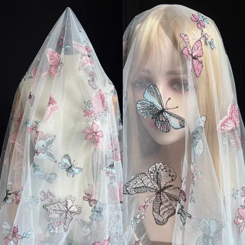 

Pink Butterfly Flower Embroidered Tulle Fabric for Wedding Dress, Semi-Transparent Mesh Fabric for DIY Sewing Craft, by The Yard