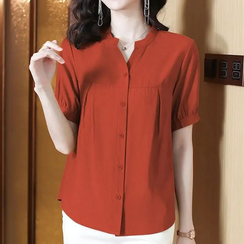 Women Clothing Vintage Loose Blouse Summer Short Sleeve O-neck Solid All-match Office Shirt Tops Casual Fashion Women Clothing