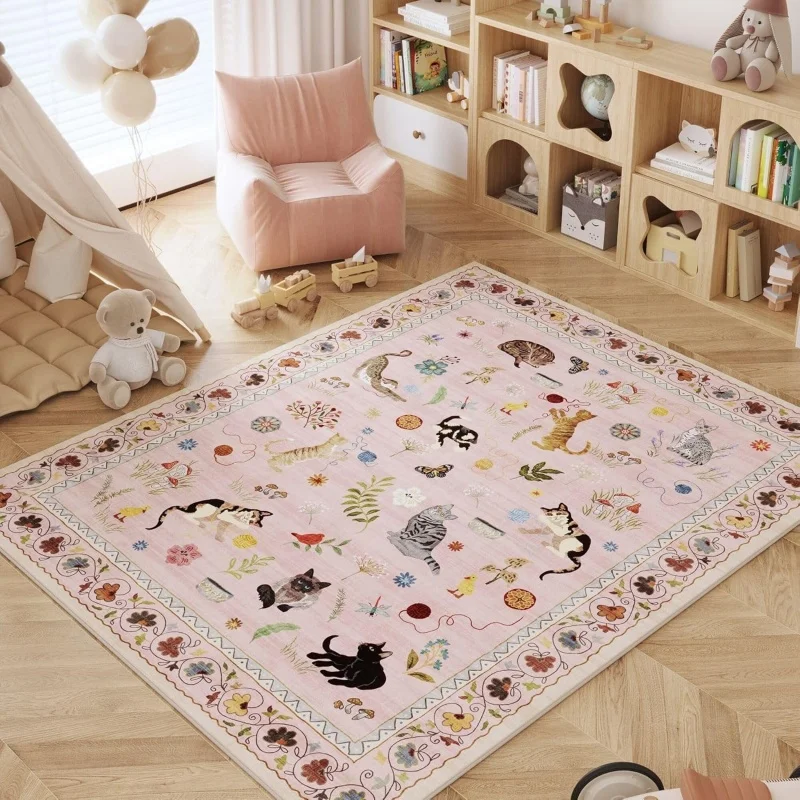 Cute Cartoon Cats and Flowers Area Rug Pink Floral Kitty Print Carpet Non-Slip Indoor Floor Mat for Kids Room Playroom Bedroom
