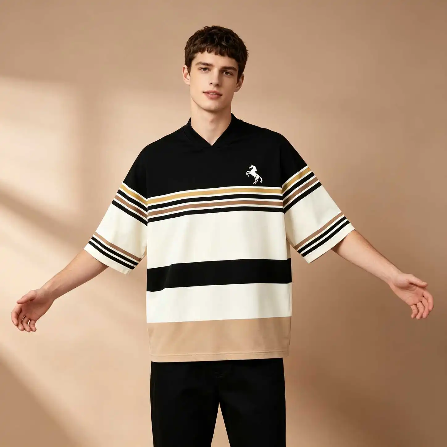 Summer Loose Fit Men Horse Logo Stripe Print Oversized V Neck Elbow Sleeve Tee, Preppy Sporty Streetwear Tops