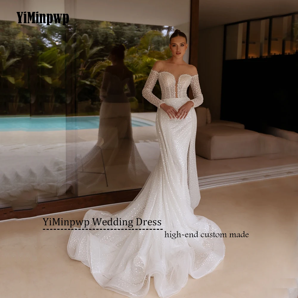 Glitter Wedding Dresses Full Sleeves Detachable Train Beaded Mermaid Glitter Bridal Gowns Shiny O-Neck Bride Dress Customized
