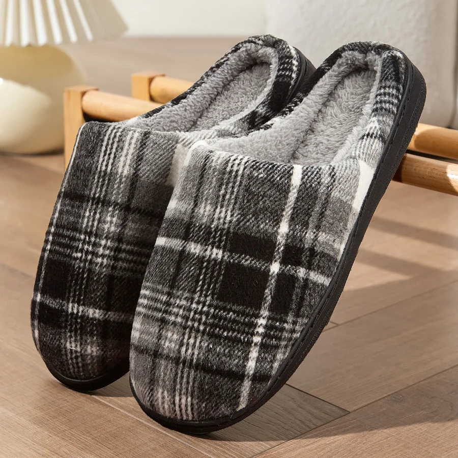 men's house slippers plaid furry comfy memory foam casual family shoes winter warm soft bedroom slippers