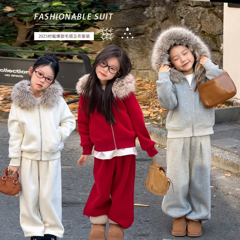 2025 New Autumn Fashion Girls Thickened Comfortable Casual Fur Collar Hooded Sweatshirt and Sweatpants Suit Boutique Clothing