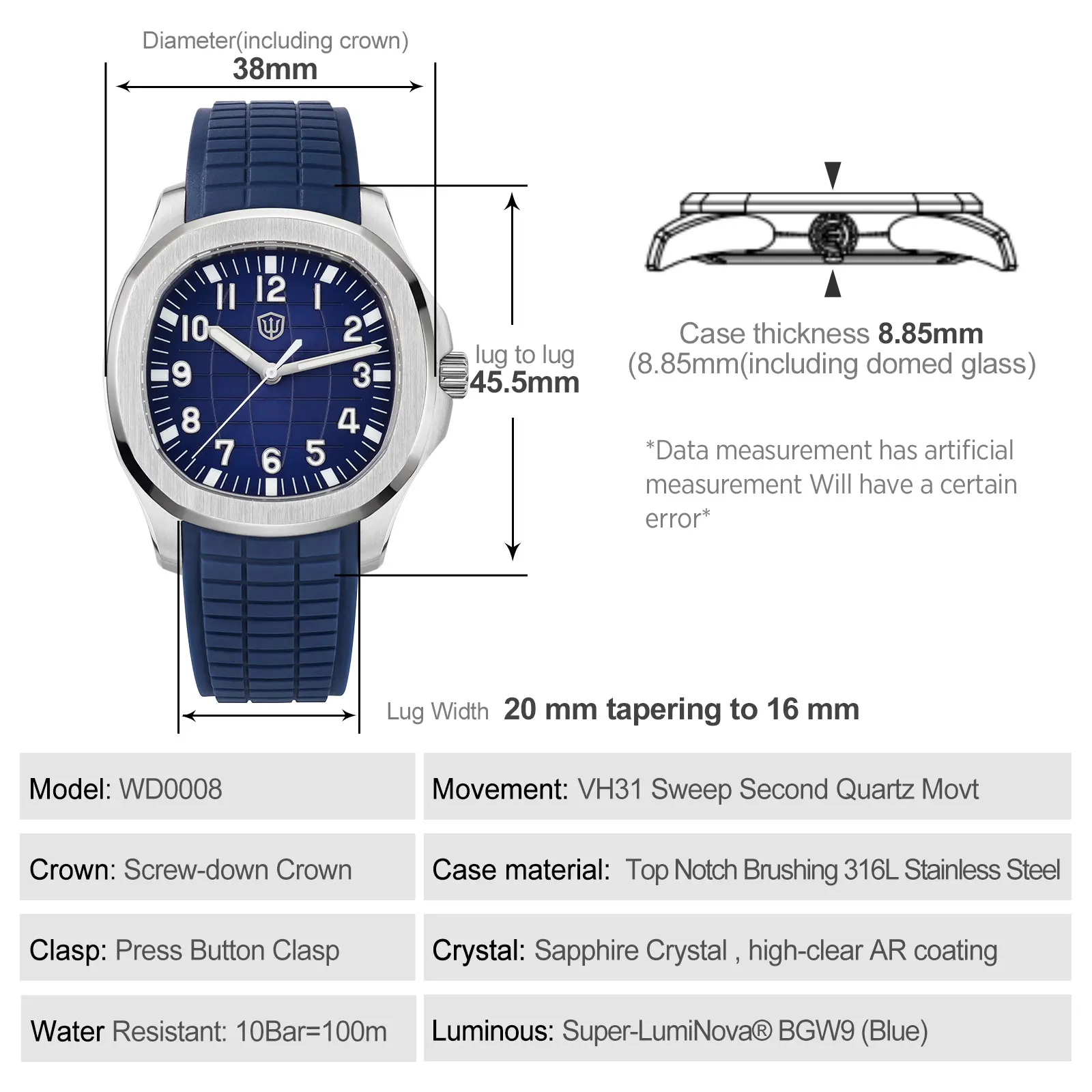 Watchdives WD008 Quartz Watch 38mm VH31 Sweep Second Sapphire 100m Waterproof Slim 316L Steel BGW9 Lume FKM Strap Casual Sport
