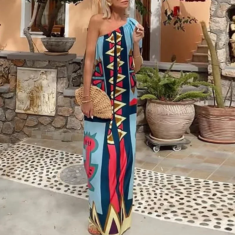 Abito ampio con tasca stampata geometrica Abito estivo asimmetrico con spalle scoperte a maniche corte Nuovi abiti Boho con collo inclinato per le vacanze