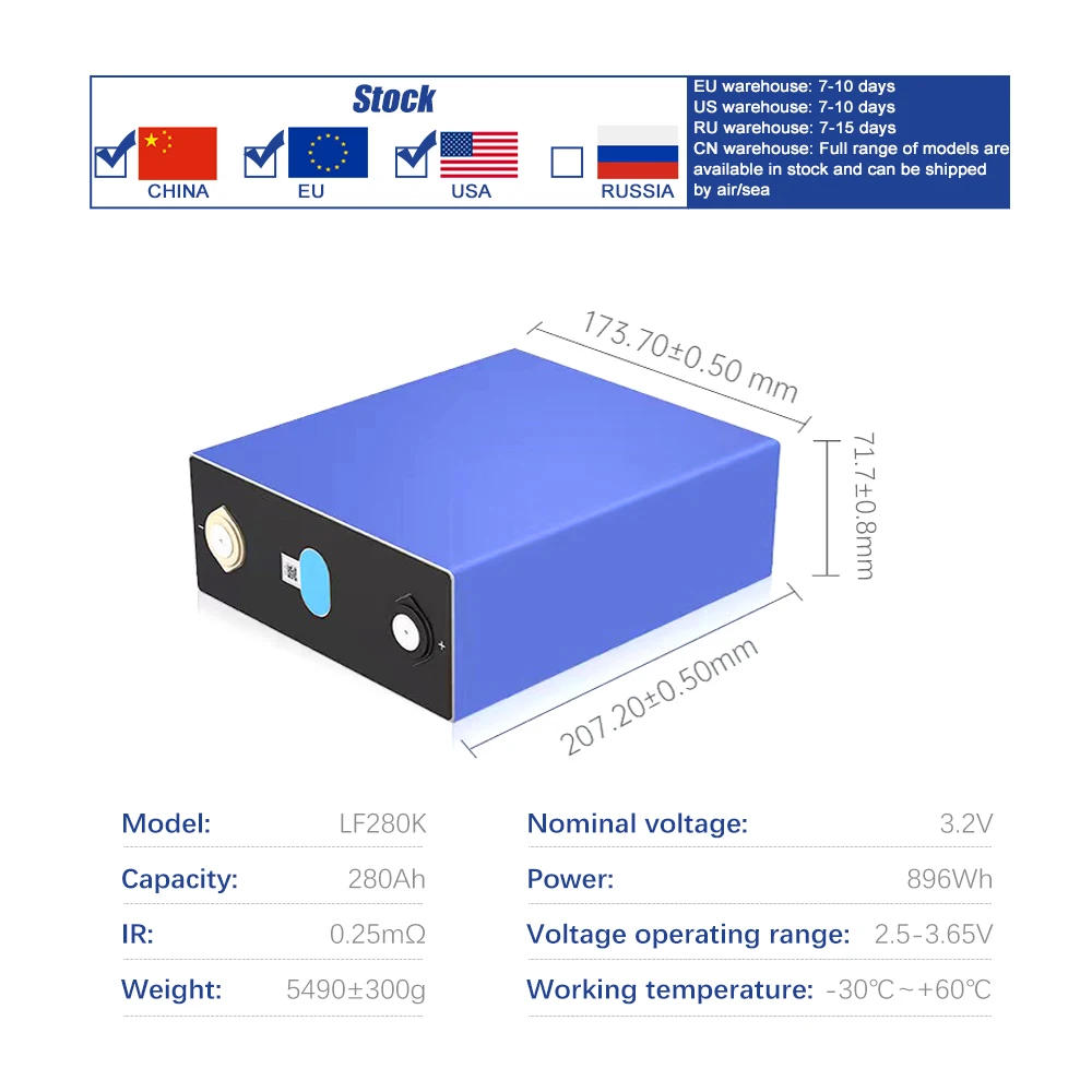 EU Stock EVE LiFePO4 Grade A Battery 3.2V 280Ah Lithium Iron Phosphate 6000+Cycle Cells For12V 24V 36V  48V UPS Solar System