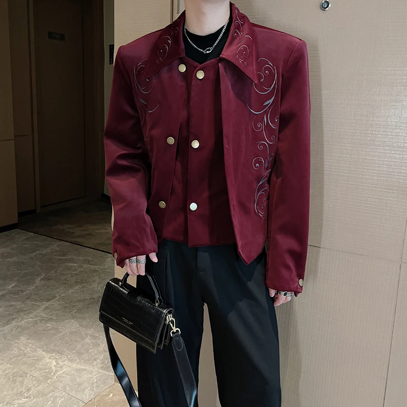 Luxury Autumn Velvet Palace Style Embroidered Jacket for Men Trendy Shoulder Pads Social Street Wear Outerwear Coat Men Clothing