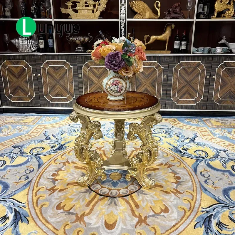 French Solid Wood Small Coffee Table European Natural Wood Veneer Round Side Table Champagne Color for Villa Living Room