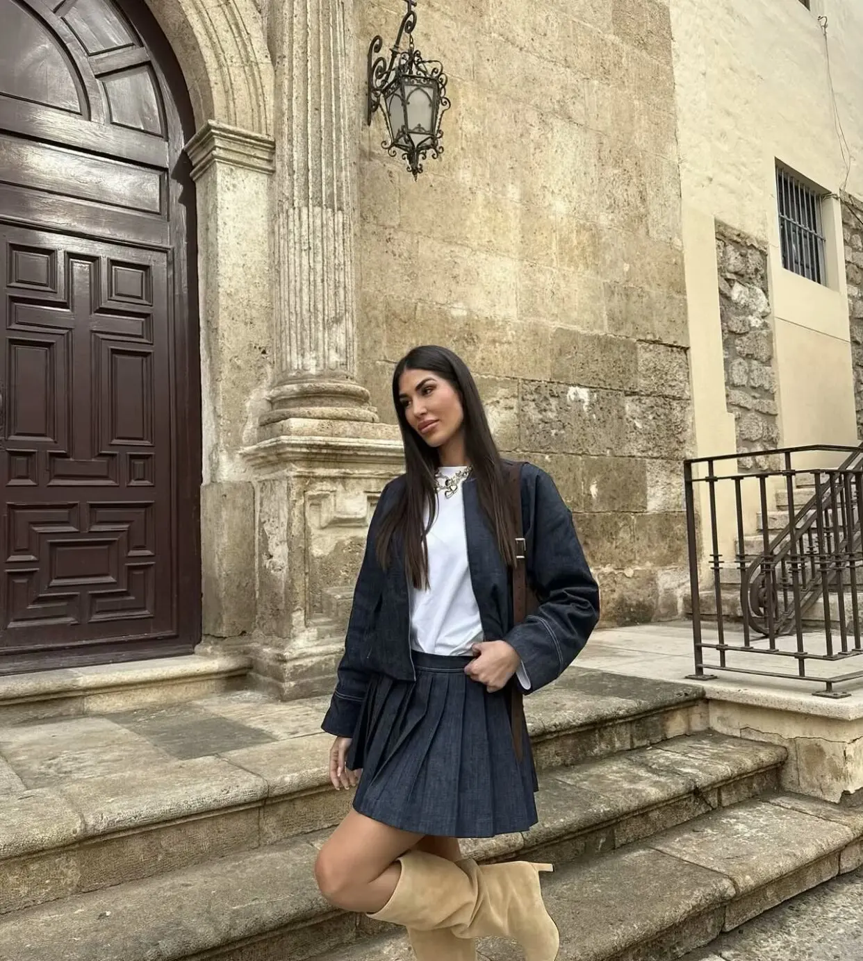 2025 Fashion Women Wide Pleated Mini Skirt Sets Outfit New Bomber Long Sleeve Denim Jacket Coat Female 2 Pieces Skirt Suit