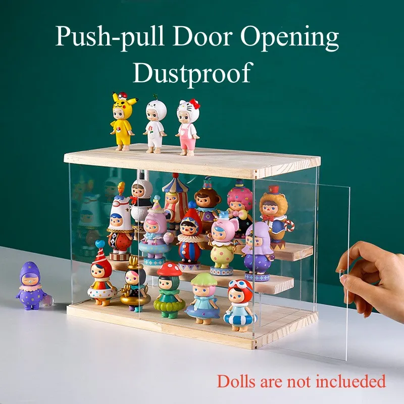 Acrylic Wooden Showcase For Collectible Assemble Dustproof Clear Box Storage Display Stand For Mini Figures Organizing Toys Doll