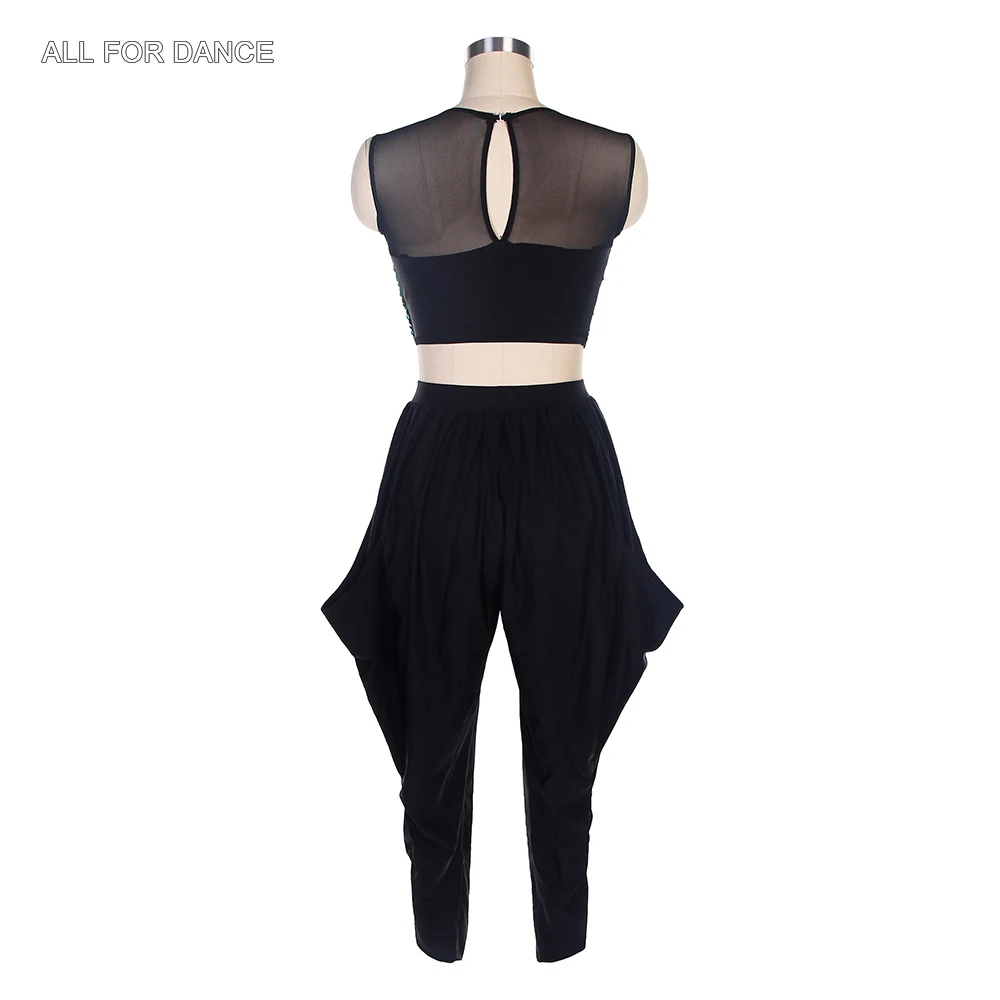 18037 Strój do tańca jazzowego, tap i hip hop dla dorosłych dziewcząt, zielony top z cekinami i siateczki z czarnymi długimi spodniami, kostiumy sceniczne