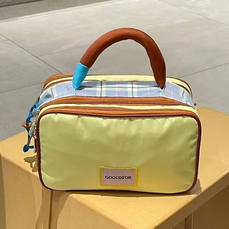 New Cute Women's Bag Splicing Cosmetic Pouch Convenient Travel Cosmetics Storage Bag Large Capacity Handheld Makeup Bag