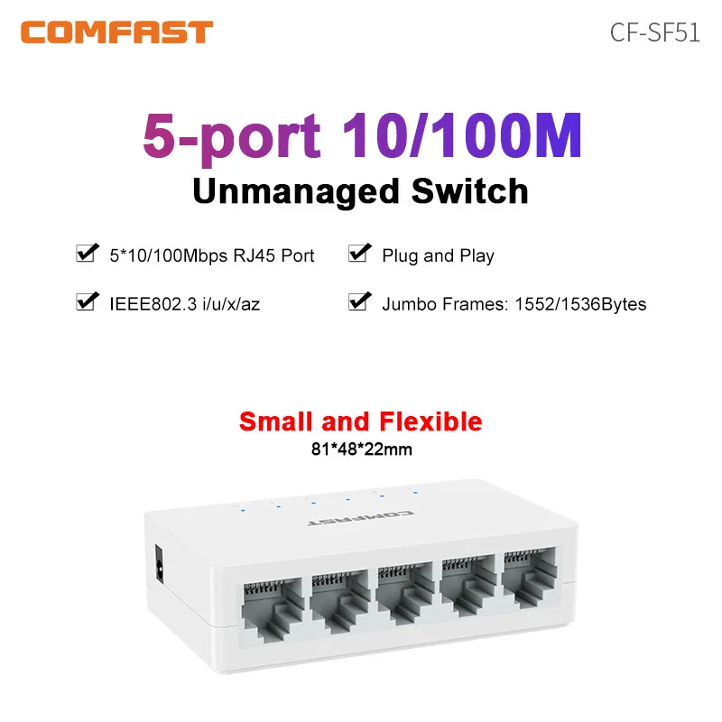 COMFAST 5 Ports Ethernet Switch 1K Auto MDI/MDIX IEEE 802.3x Portable Plug&Play Switch Network Port Expand for Home Enterprise