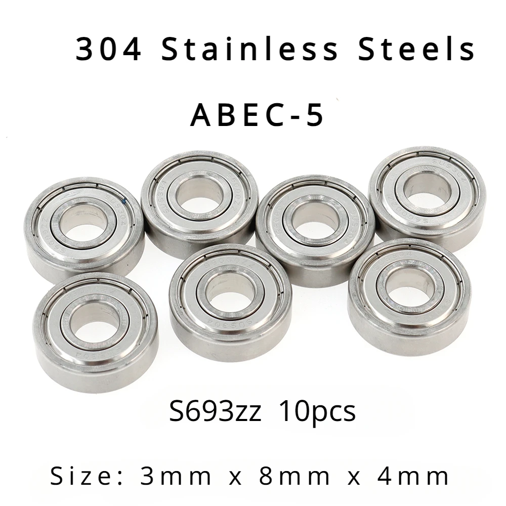 

High Performance 304 Stainless Steel ABEC-5 Miniature Deep Groove Ball Bearings S693zz 3mmx8mmx4mm of 10pcs - Stainless Steel