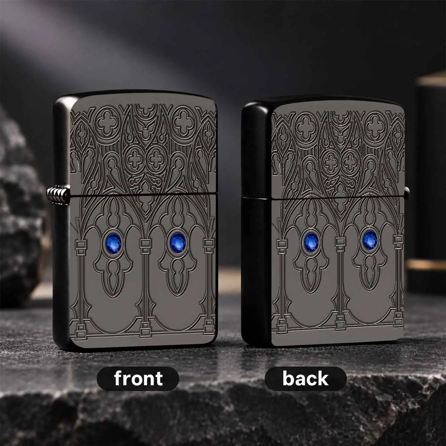 Vintage Gothic Ornate Pattern Lighter With Inlaid Sapphire Embellishment, Exquisite Medieval Style Engraved Decor, Portable Practical Accessory For All Daily Occasions, Ideal Unique Present For Friends And Personal Col A Humorous And Intere