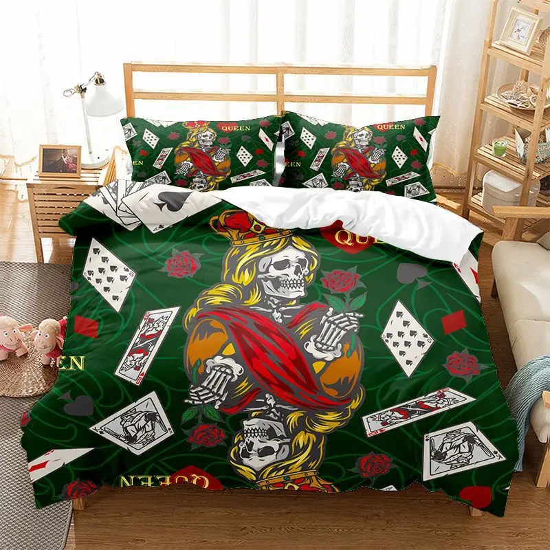 Skull Poker Duvet Cover King Full Size,Queen of Skeletons Red Rose Card Game Bedding Set Playing Gambling Polyester Quilt Cover