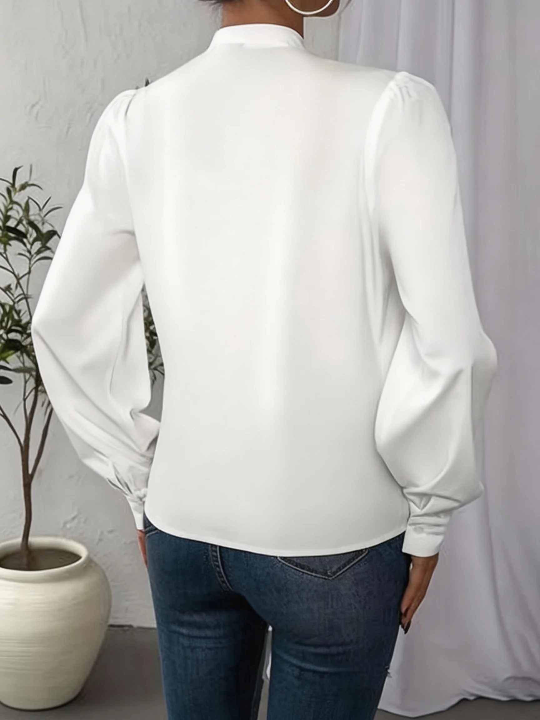 Elegant V-neck Long-sleeved Shirt - Satin Fabric with Draping Design, Versatile Top with Cross-over Style