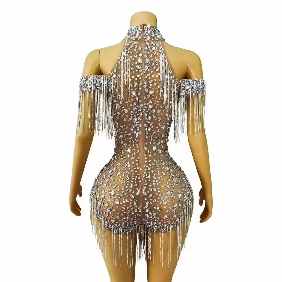 Sexy transparente borla bodysuit prata strass dançarino cantor boate bar palco wear elástico cristal collant dança traje