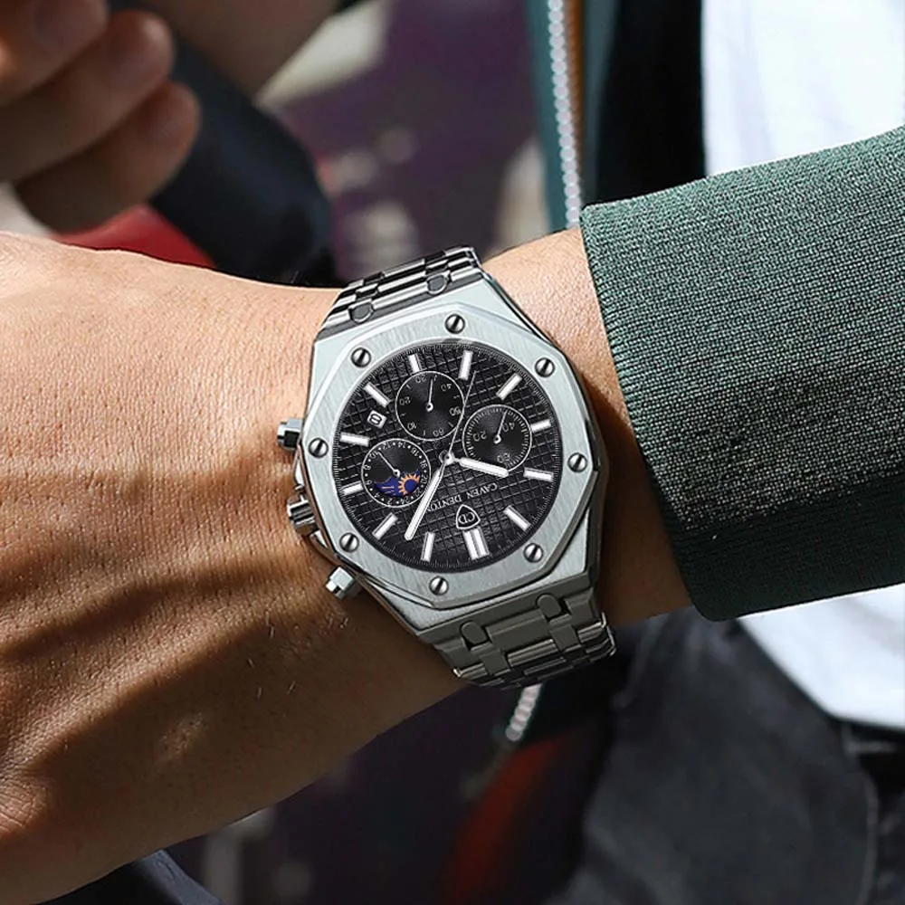 Caven denton relógios masculinos high-end três olhos seis mãos multifuncional fase da lua pulseira de aço inoxidável relógio masculino à prova dwaterproof água