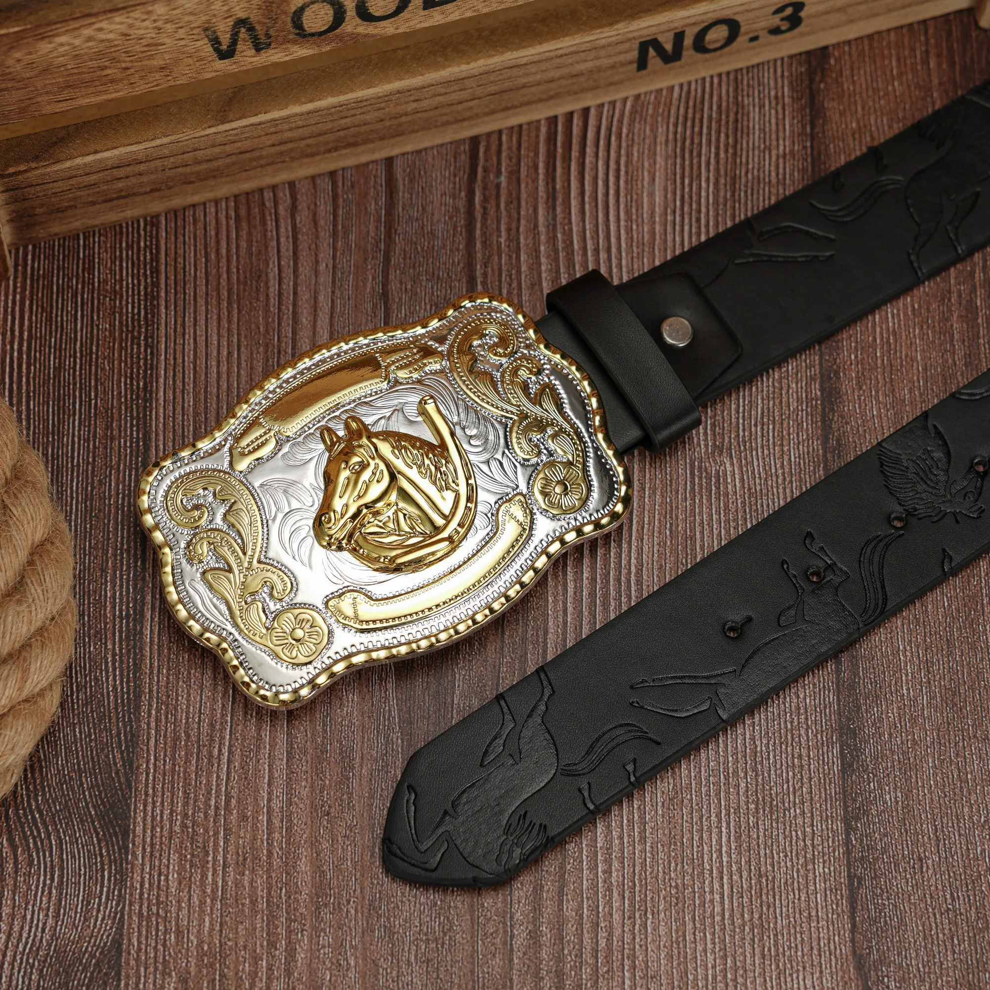 مشبك على شكل ثور وحصان منقوش ثلاثي الأبعاد بلونين، حزام منقوش من البولي يوريثان عتيق وفاخر، حزام للجنسين #4