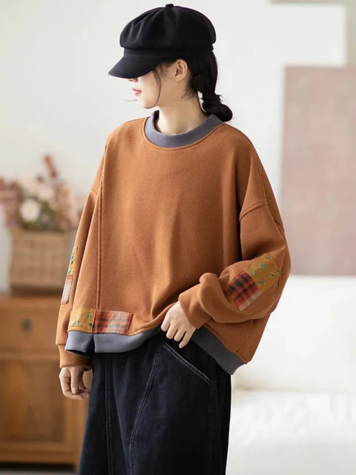 

Женская толстовка больших размеров с флисовой подкладкой, повседневная, свободного кроя, модная, в стиле пэчворк, из смесового хлопка и полиэстера, с длинными рукавами и круглым вырезом