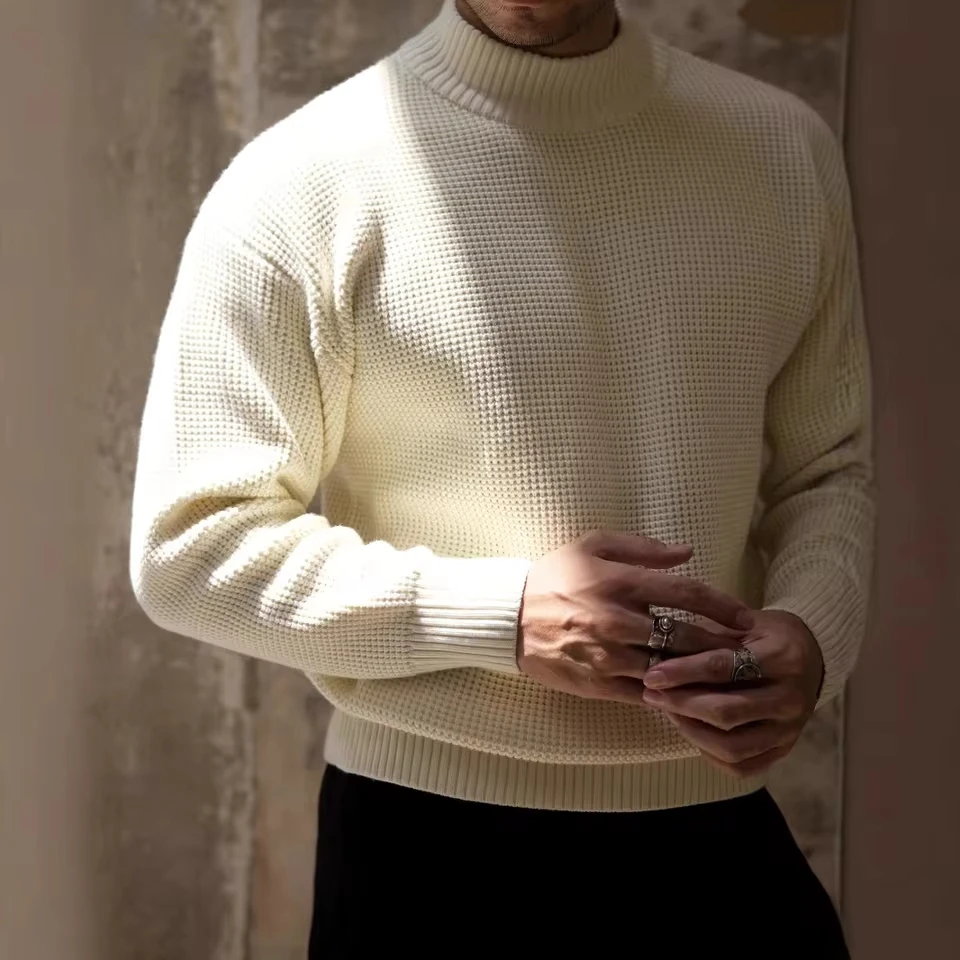 2025 American Vintage Fashion Men's Thicken Half High Collar Long Sleeve Solid Color Cotton Casual Trendy Sweater Pullovers Male