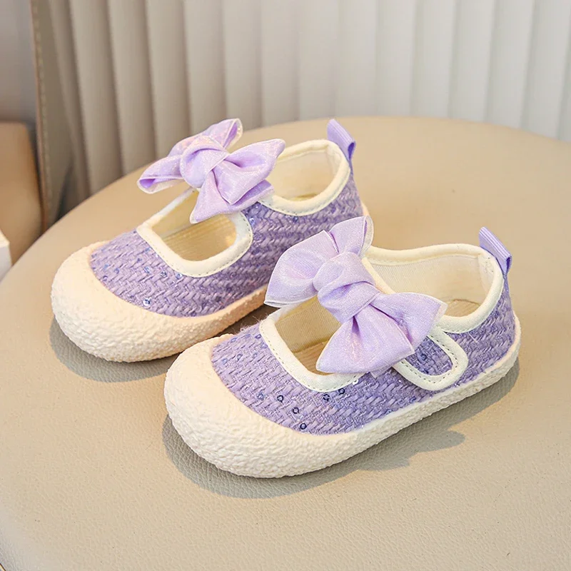 Sweet Pink Purple Tweed Ballet Flats For Baby Kids Bling Sequins Bowknot Mary Jane Shoes Toddler Girls Soft Sole Canvas Loafers