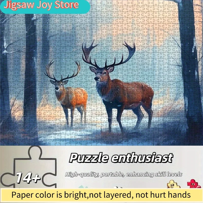DIY Paper Puzzle, Winter Forest Scene with Two Deer, High-Quality White Card Material, Suitable for Parent-Youngsters Time Pu