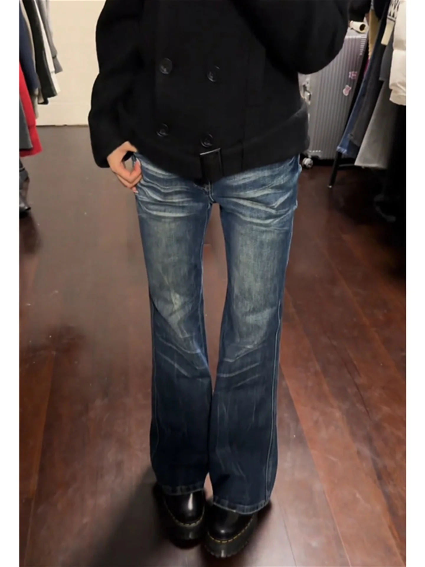 

Deep Blue Low Waist Bell Bottom Denim Jeans Women's Loose Slimming Washed Design Must Dragging Pants Casual Cotton Spring