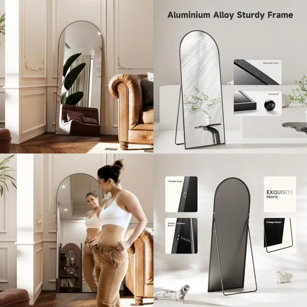 مرآة أرضية مقوسة كبيرة، حامل معلق على الحائط من الزجاج المقسى باللون الأسود مقاس 64 × 21، مرايا جسم كاملة الطول بإطار من الألومنيوم #1