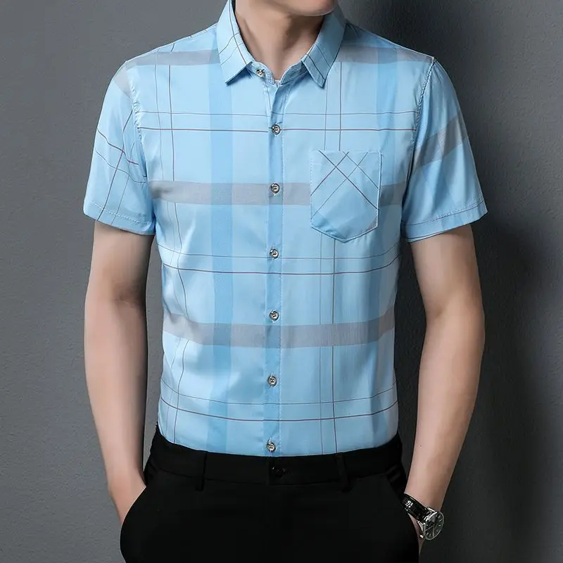 Short Sleeve New in Shirt Men's Clothes Summer Thin Ice Silk Turn-down Collar Tees Pockets Button Fashion Casual Vintage Tops