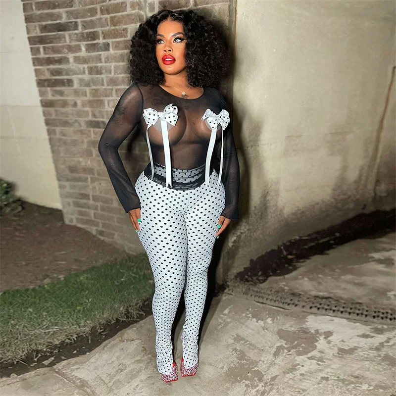 Sexy Mesh See Through Night Club Outfits Women 2 Piece Set Outfit Polka Dot Bow Tie Long Sleeve Top and Flare Pants Birthday